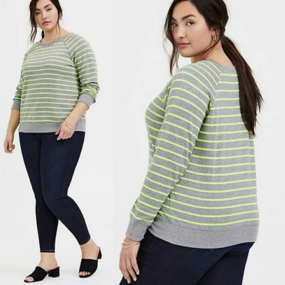 Torrid Grey & Neon Yellow Stripe Fleece Raglan Sweatshirt NWT sz 2X